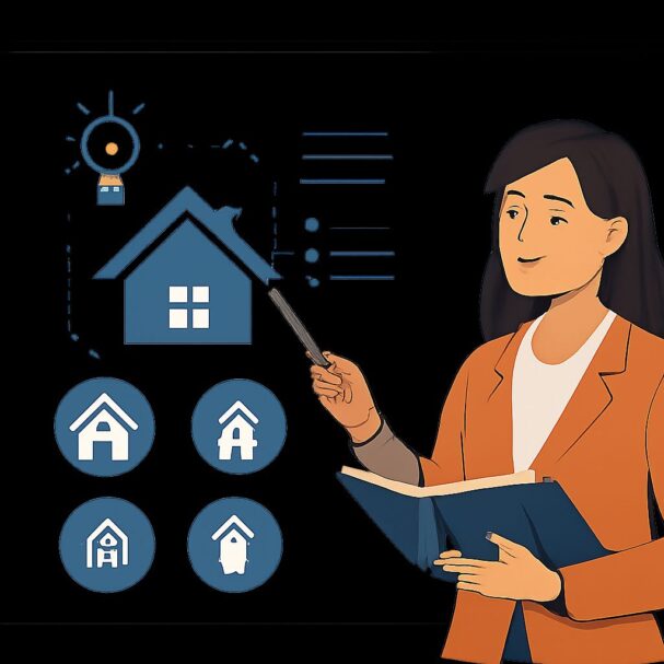 A woman in a blazer points at a blue house graphic while holding a notebook, surrounded by various house icons.
