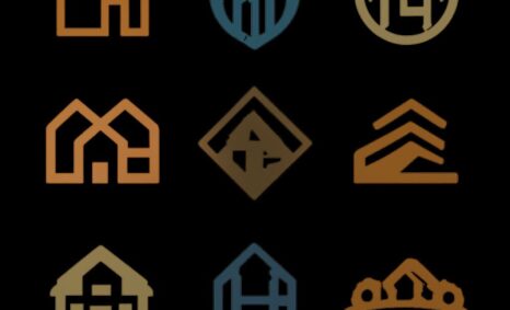 Nine distinct real estate logo designs featuring various house shapes and color schemes on a black background.