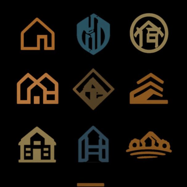 Nine distinct real estate logo designs featuring various house shapes and color schemes on a black background.