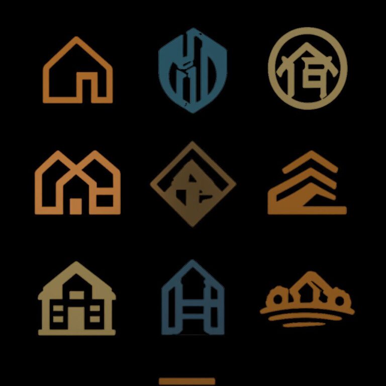 Nine distinct real estate logo designs featuring various house shapes and color schemes on a black background.