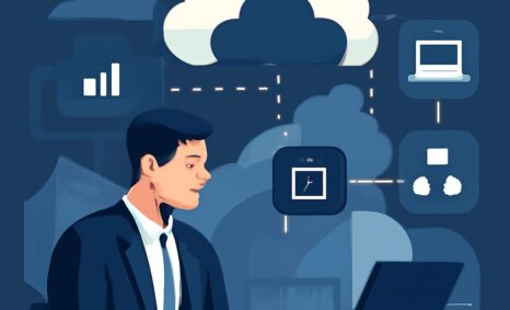 A man in a suit works on a laptop, surrounded by cloud icons and digital connectivity symbols in a dark blue setting.