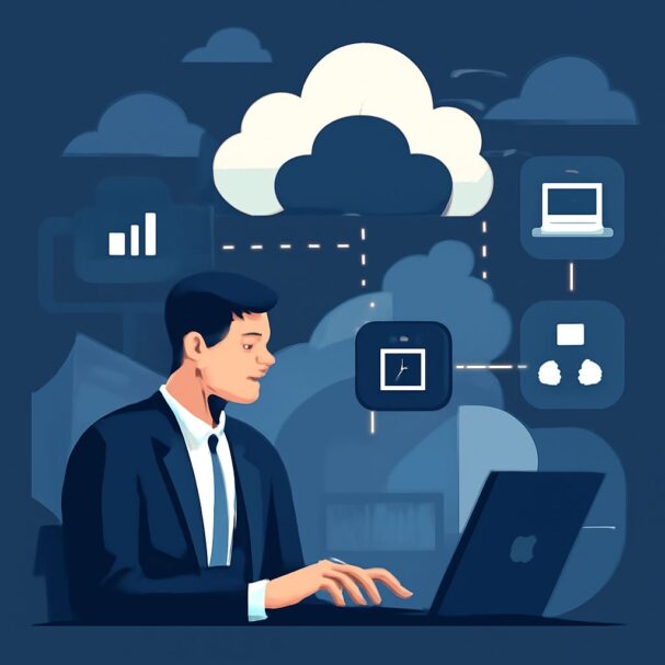 A man in a suit works on a laptop, surrounded by cloud icons and digital connectivity symbols in a dark blue setting.