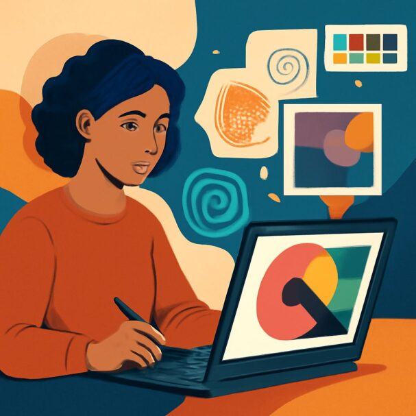 A woman with curly hair sketches on a laptop, surrounded by colorful design inspirations and abstract shapes.