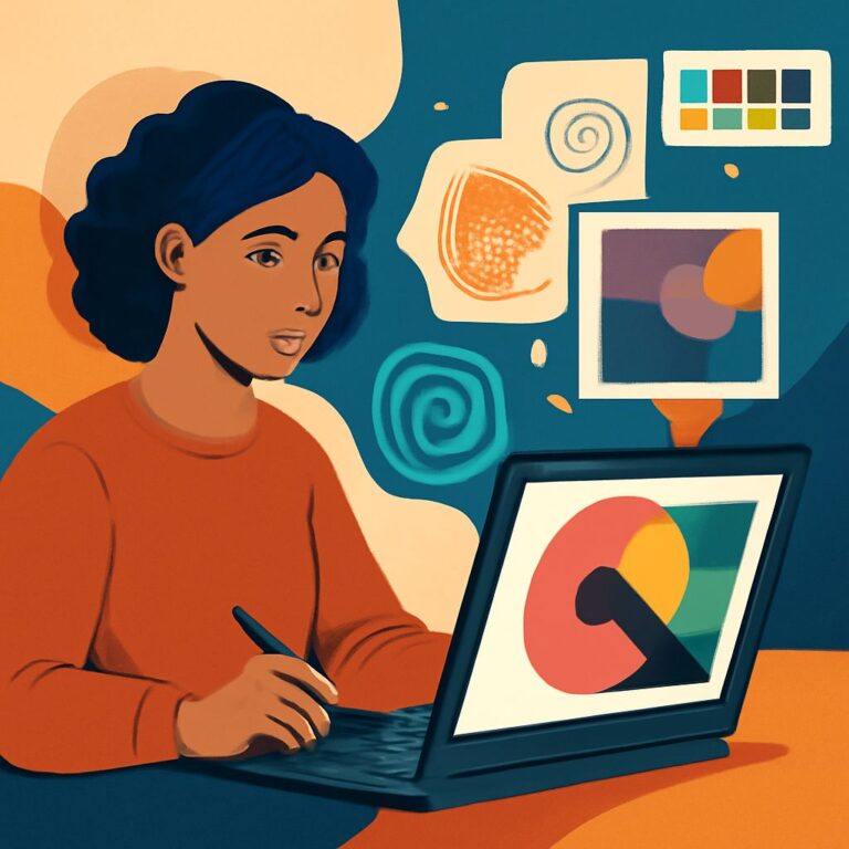 A woman with curly hair sketches on a laptop, surrounded by colorful design inspirations and abstract shapes.