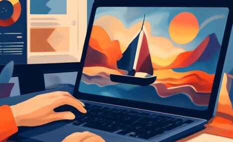 A person with orange sleeves works on a laptop displaying a colorful sailing scene, surrounded by design sketches.