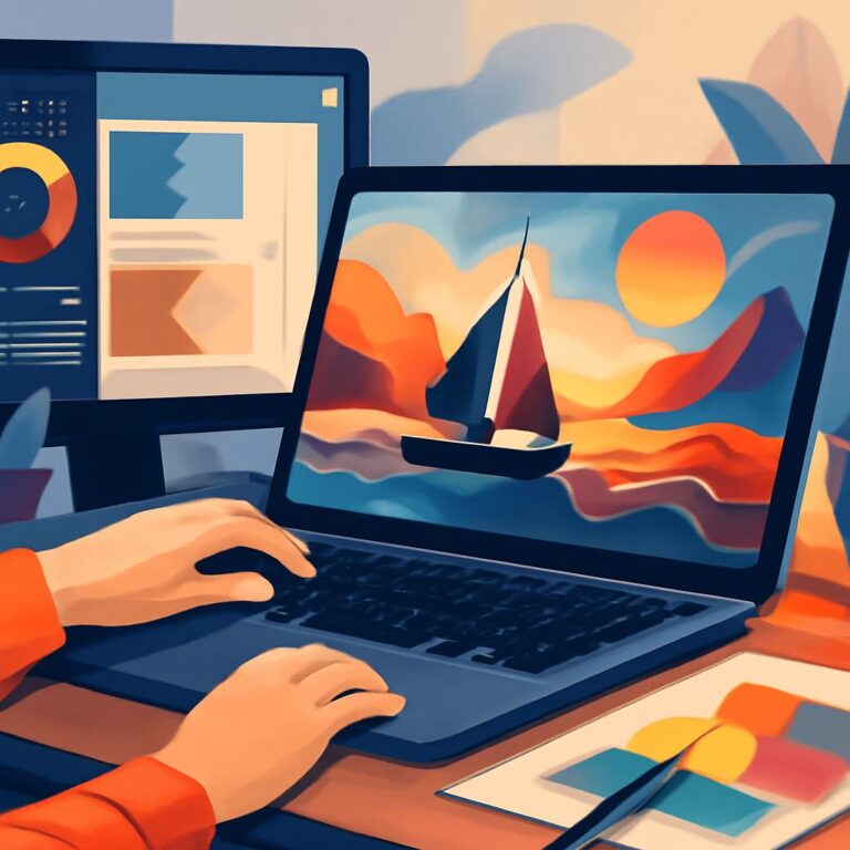 A person with orange sleeves works on a laptop displaying a colorful sailing scene, surrounded by design sketches.