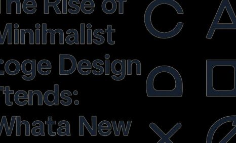 Bold text on a black background highlights minimalist logo design trends with various geometric shapes and symbols.