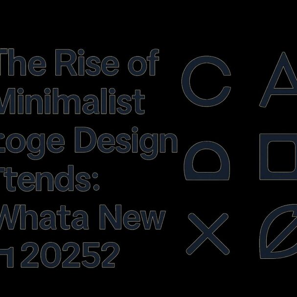 Bold text on a black background highlights minimalist logo design trends with various geometric shapes and symbols.