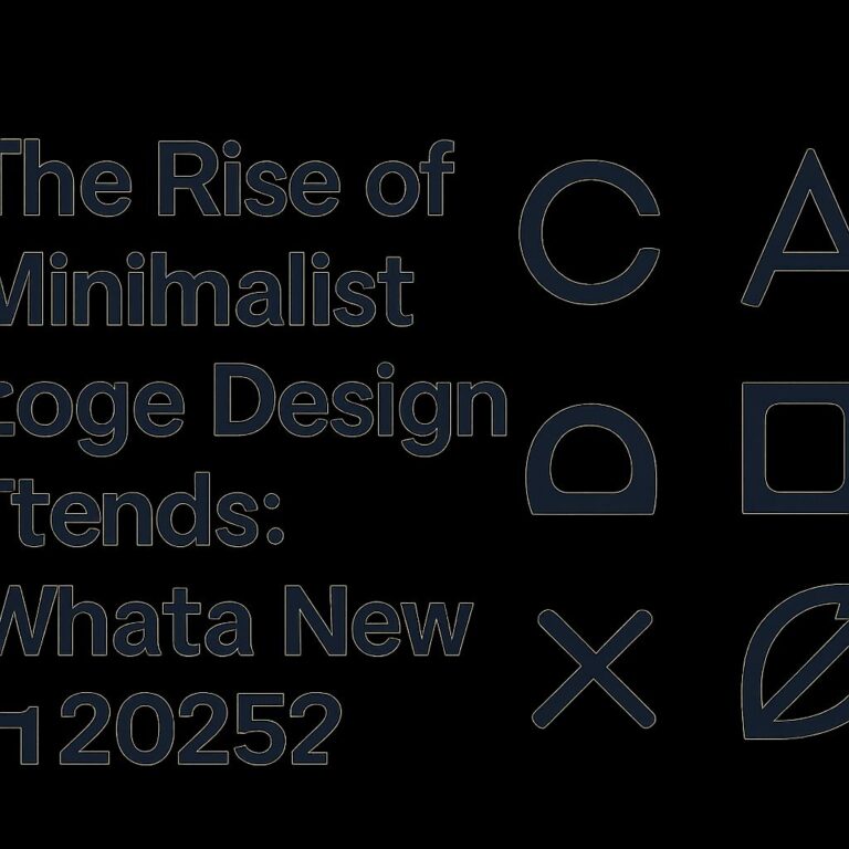 Bold text on a black background highlights minimalist logo design trends with various geometric shapes and symbols.