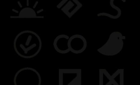 Nine minimalist black icons arranged in a grid, featuring a sun, geometric shapes, a bird, and infinity symbol.