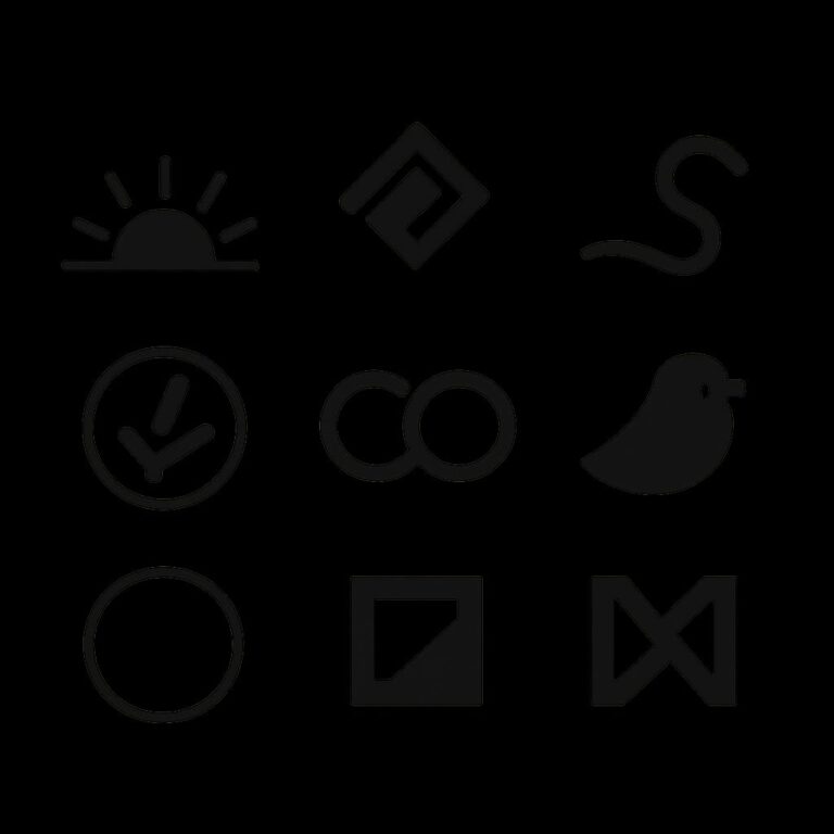 Nine minimalist black icons arranged in a grid, featuring a sun, geometric shapes, a bird, and infinity symbol.