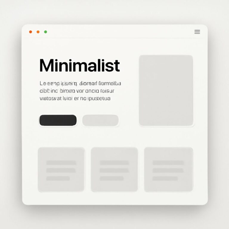 A minimalist web design layout features bold black text, gray placeholders, and a clean white background.