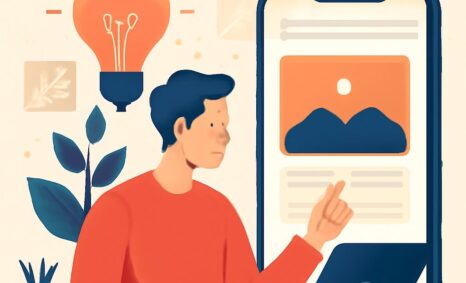 A man in a red sweater interacts with a laptop, while a smartphone displays a mobile app design and a light bulb hovers