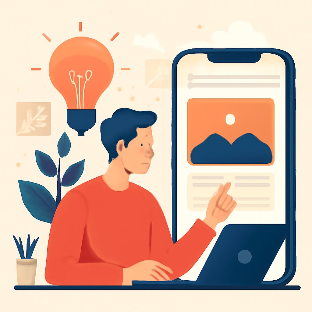 A man in a red sweater interacts with a laptop, while a smartphone displays a mobile app design and a light bulb hovers