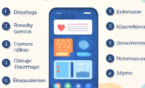 A smartphone screen displays a list of ten mobile app UI design trends for 2025, with colorful icons and text.