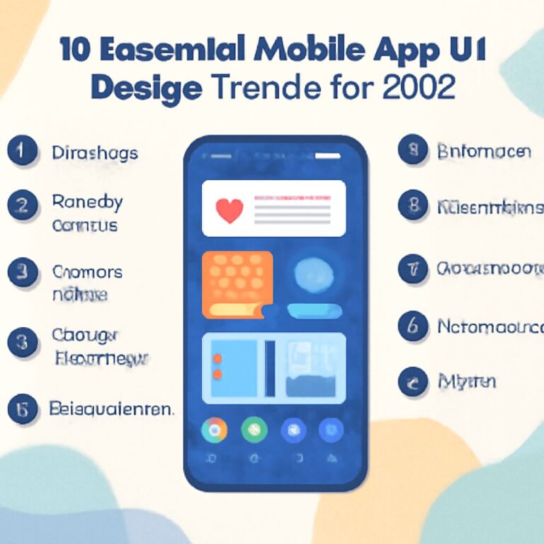 A smartphone screen displays a list of ten mobile app UI design trends for 2025, with colorful icons and text.