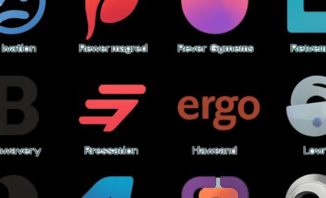 A grid of modern logo designs featuring various colors and shapes, showcasing branding trends.