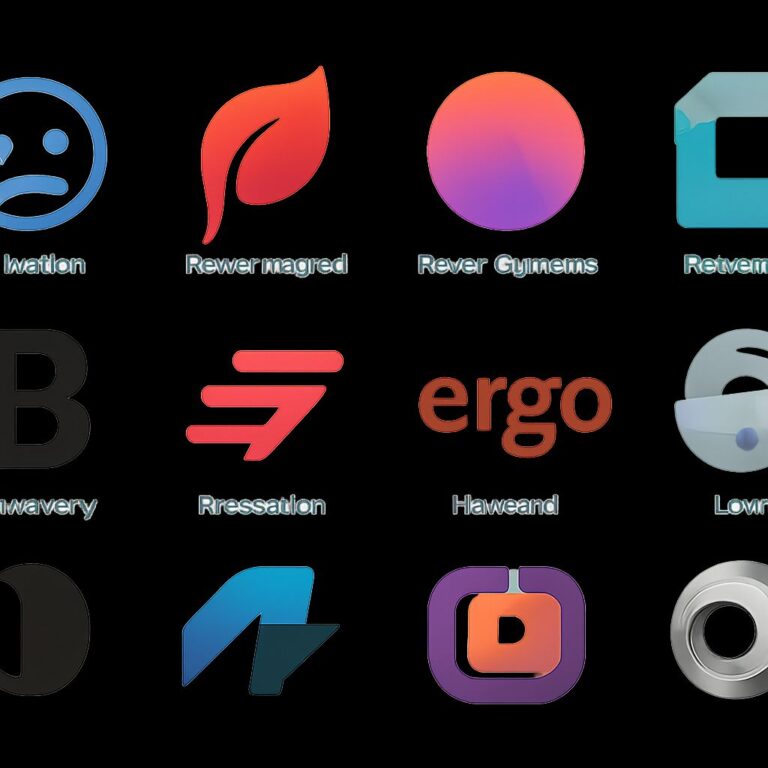 A grid of modern logo designs featuring various colors and shapes, showcasing branding trends.