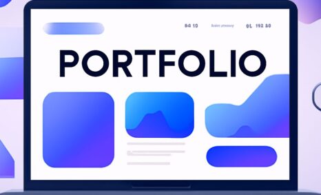 A laptop displays a modern portfolio design featuring bold "PORTFOLIO" text and various blue gradient shapes.