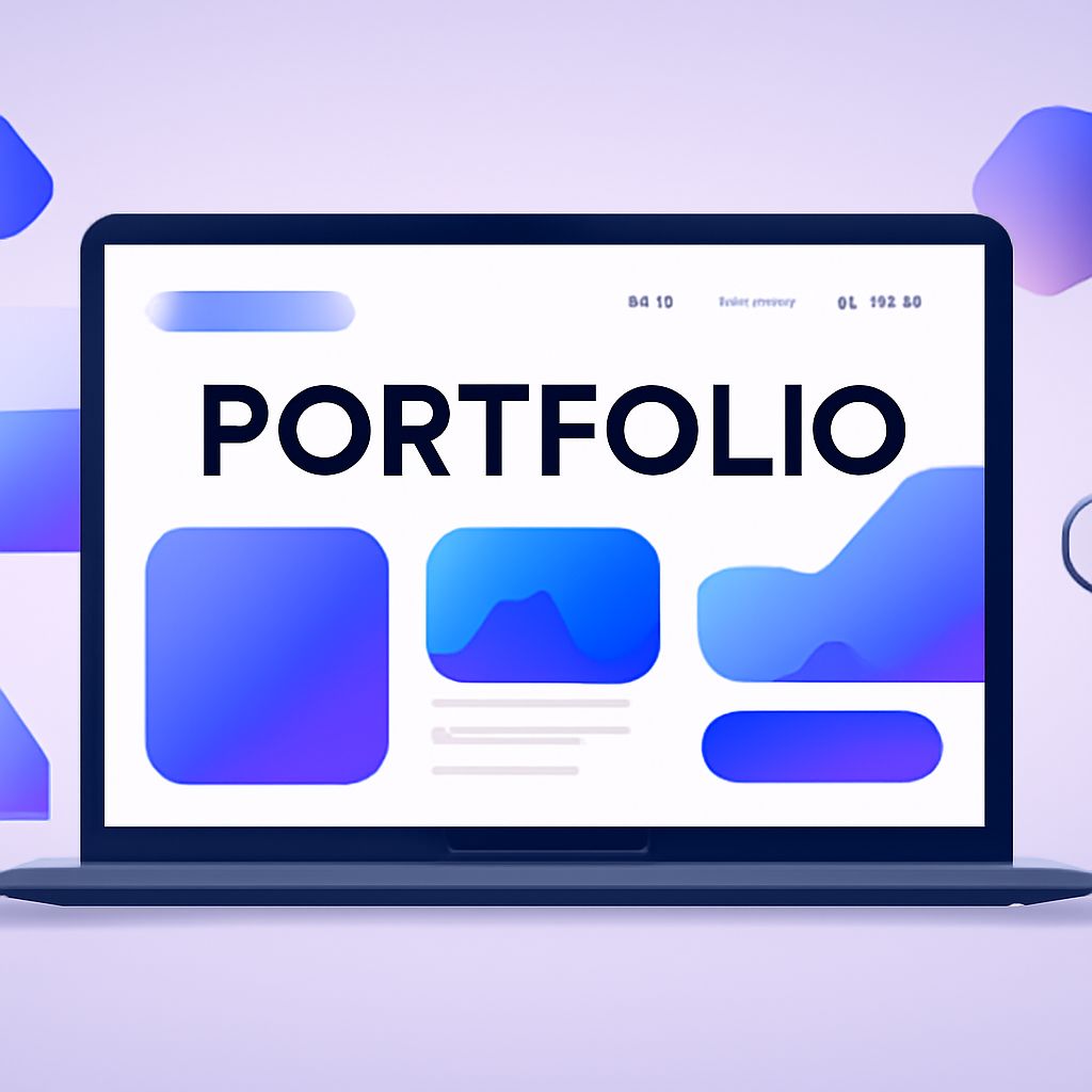A laptop displays a modern portfolio design featuring bold "PORTFOLIO" text and various blue gradient shapes.