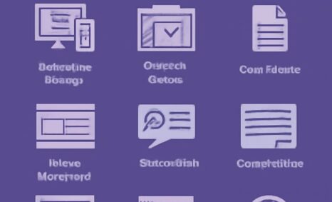 Ten features of a modern portfolio website are displayed in icons with purple backgrounds and white text.