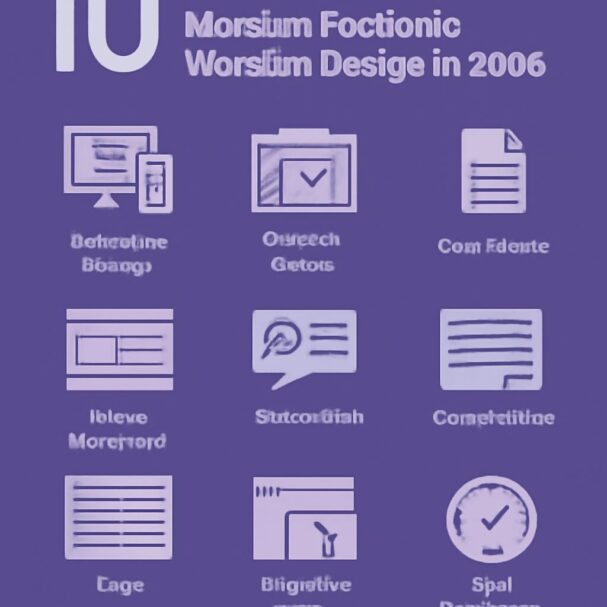 Ten features of a modern portfolio website are displayed in icons with purple backgrounds and white text.