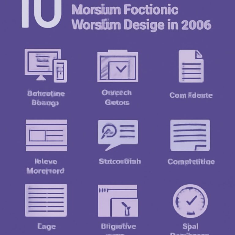 Ten features of a modern portfolio website are displayed in icons with purple backgrounds and white text.