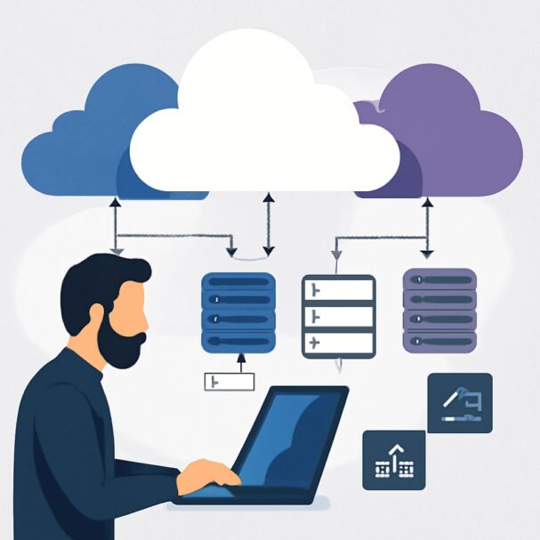 A man with a beard works on a laptop, connecting data between blue and purple cloud icons and server illustrations.