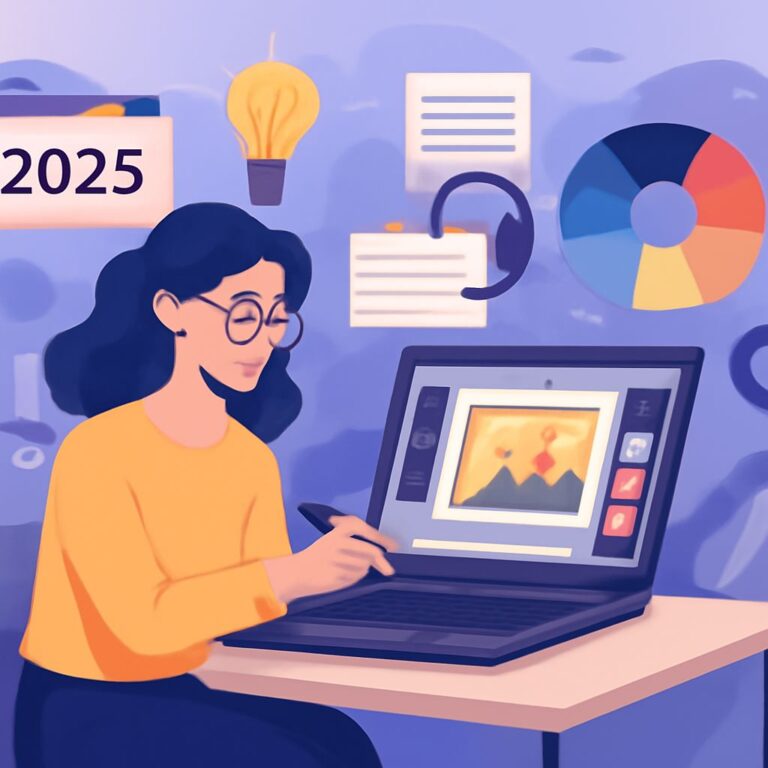 A woman with curly hair and glasses sketches on a laptop, surrounded by design elements and a light bulb, in a creative