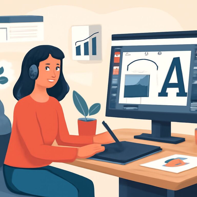 A woman with headphones designs graphics on a tablet, focused on a computer screen displaying a large letter 'A'.