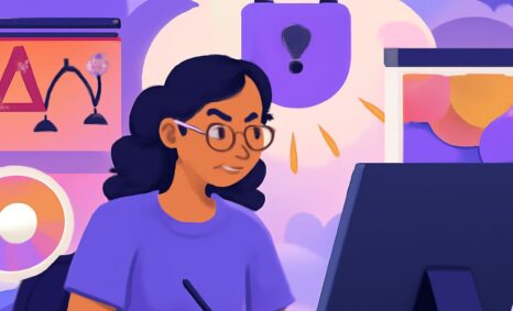 A woman with glasses works on graphic design at a computer, surrounded by colorful design elements and a padlock symbol.