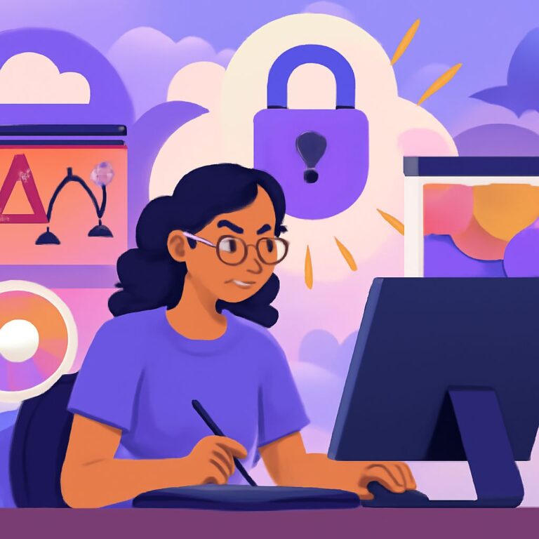 A woman with glasses works on graphic design at a computer, surrounded by colorful design elements and a padlock symbol.