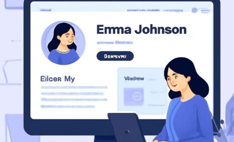 A woman in a blue sweater sits at a laptop, viewing her personal website featuring her name and profile picture.