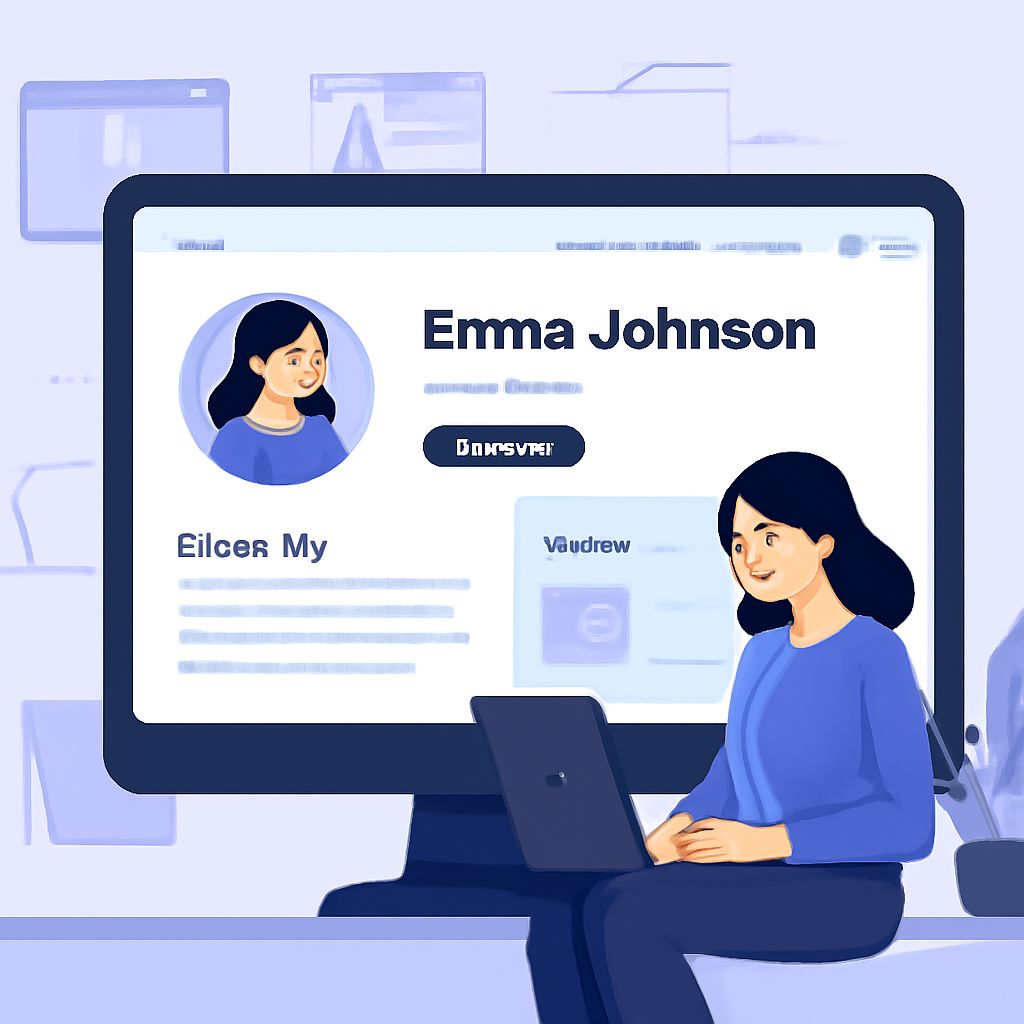 A woman in a blue sweater sits at a laptop, viewing her personal website featuring her name and profile picture.