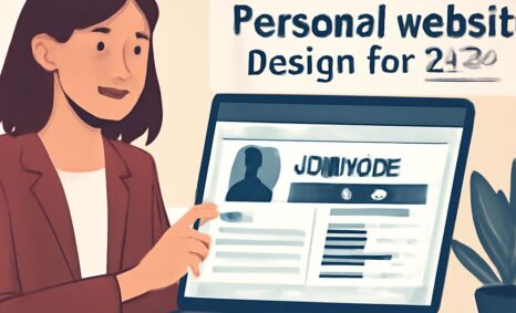 A woman in a brown blazer points at a laptop displaying a personal website design titled "JDNIYODE" for 2020.