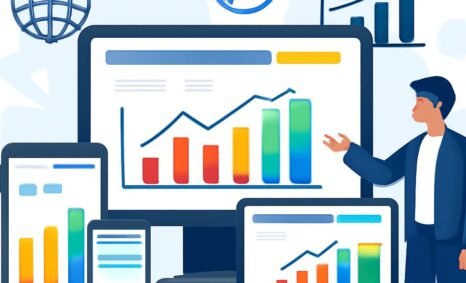 A person gestures towards colorful bar graphs displayed on multiple devices, illustrating responsive web design growth.