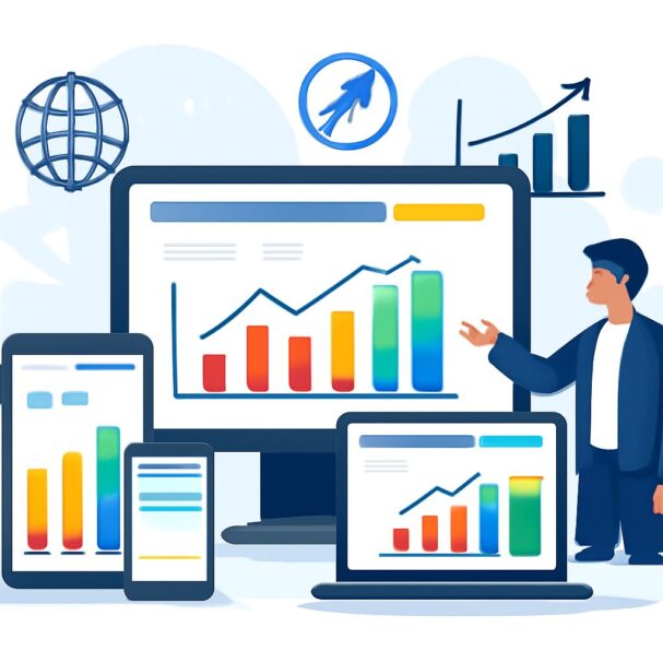 A person gestures towards colorful bar graphs displayed on multiple devices, illustrating responsive web design growth.