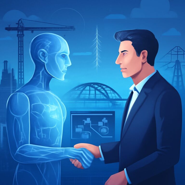 A businessman in a suit shakes hands with a glowing blue humanoid figure against a backdrop of construction and technolo