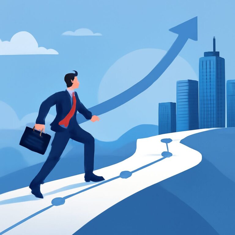 A businessman in a suit walks along a winding path towards tall buildings, with an upward arrow symbolizing growth.