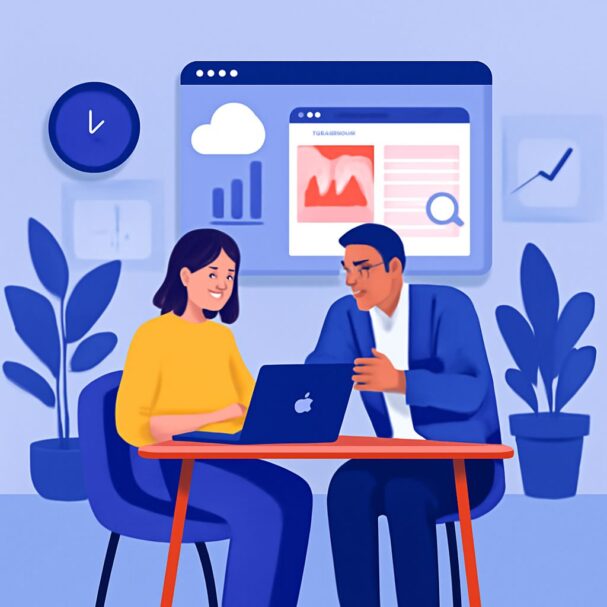 A woman in a yellow shirt and a man in a blue suit collaborate at a table with a laptop, surrounded by plants and charts