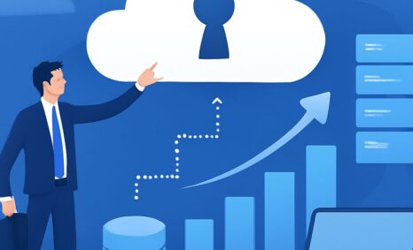 A businessman in a suit points at a cloud with a keyhole, surrounded by data charts and a laptop on a blue background.