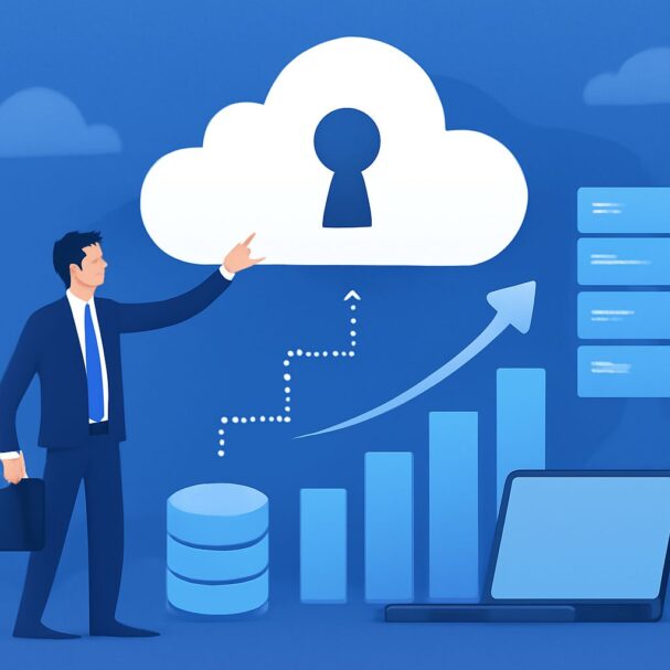 A businessman in a suit points at a cloud with a keyhole, surrounded by data charts and a laptop on a blue background.