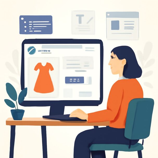 A person with dark hair sits at a desk, designing a website featuring an orange dress on a computer screen.