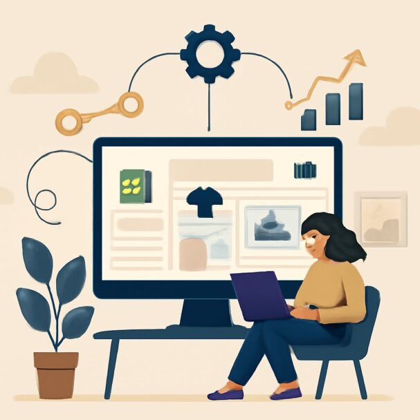 A woman sits in a chair, working on a laptop with a large monitor displaying a website design and various icons above.