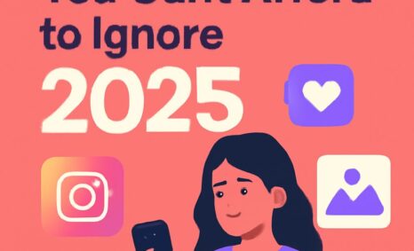 A young woman in a purple shirt looks at her phone, surrounded by social media icons and the text "Design Trends 2025.
