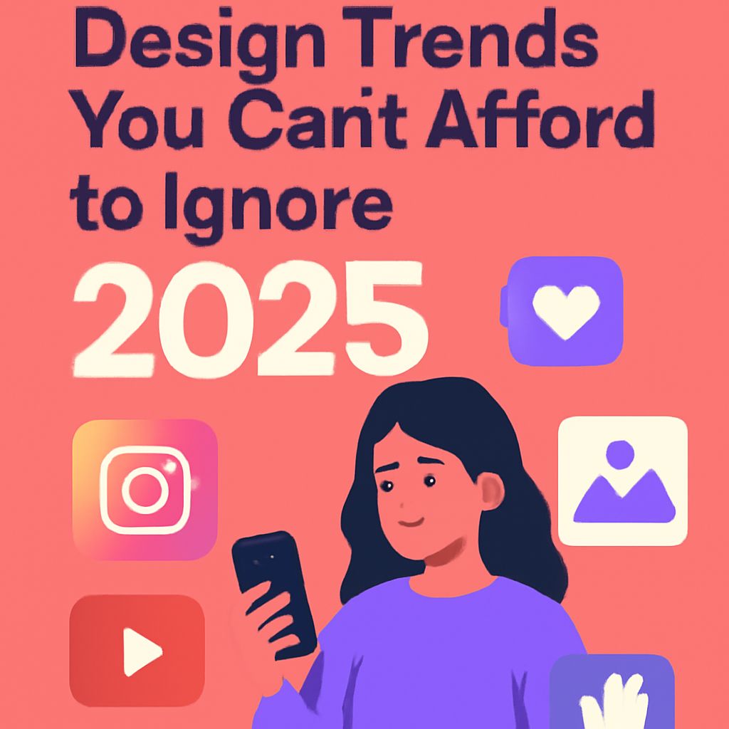 A young woman in a purple shirt looks at her phone, surrounded by social media icons and the text "Design Trends 2025.