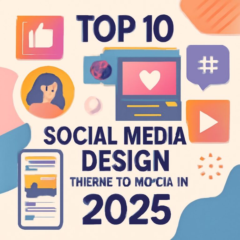 Colorful graphic featuring icons and text highlighting the top 10 social media design trends for 2025.