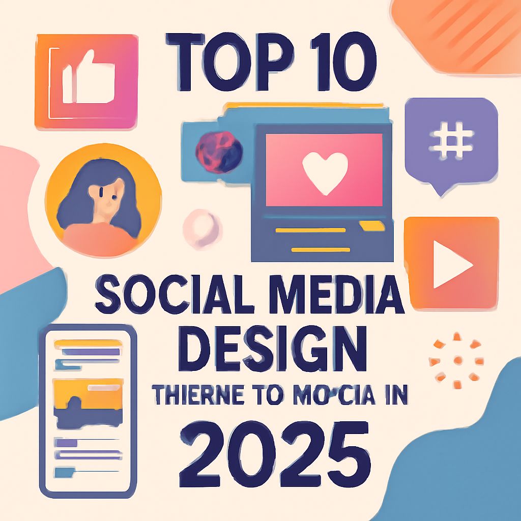 Colorful graphic featuring icons and text highlighting the top 10 social media design trends for 2025.