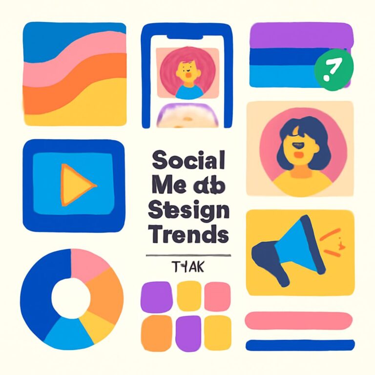 Colorful graphic showcasing social media design trends with playful icons, including a phone, speaker, and charts.