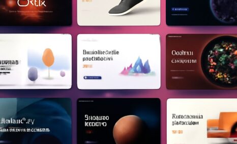 A grid of colorful web design mockups featuring abstract shapes, typography, and product images against a vibrant backgr